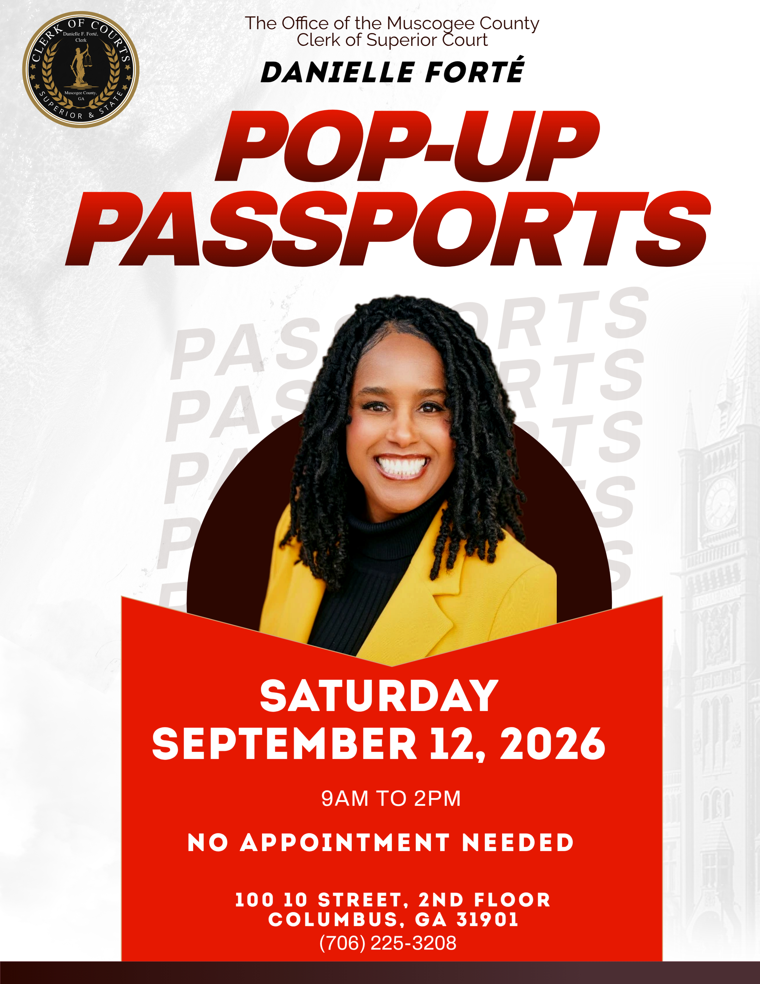 Pop-up Passports Saturday September 12, 2026 9AM - 2PM at 100 10th Street 2nd Floor Columbus Georgia. No appointment Needed